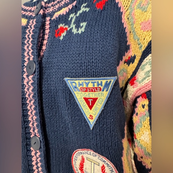 Vintage Together! Colorful Navy Knit Embroidered Cardigan Sweater w/ Pockets - Picture 3 of 15